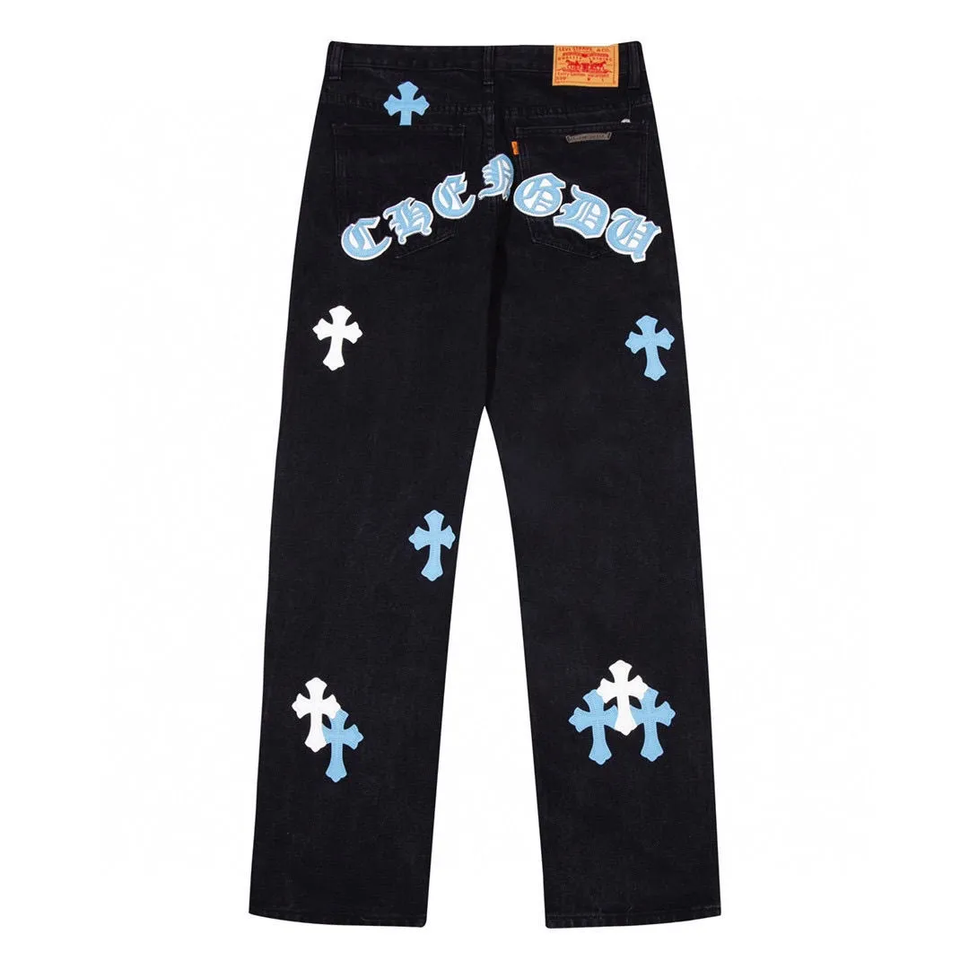 P186 ☞CHROME HEARTS✘Cro Heart Overseas Edition 24ss🔥New Heavy Industry Washed Embroidered American Retro Workwear Washed Jeans Loose fit with perfect details Washed denim fabric is wear-resistant and stain-resistant Three-dimensional cutting loose fit Imported machine printing will not crack and fall off after repeated washing Same style for men and women Couples Color: Denim blue Size: M-2XL Pants length Waist Hips M 96 76 106 L 97 80 110 XL 98 84 114 2XL 100 88 118